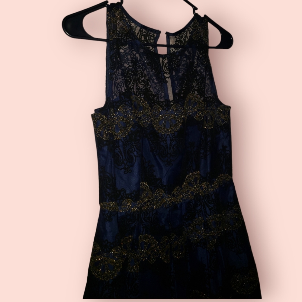 Studio One Navy Blue Dress w/ Black & Gold Embroidered Lace Overlay (Size 6) - Picture 2 of 16